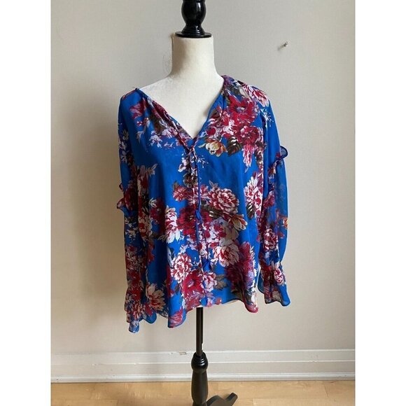 Elie Tahari blouse New womens size Medium long sleeve blue floral - Picture 2 of 6